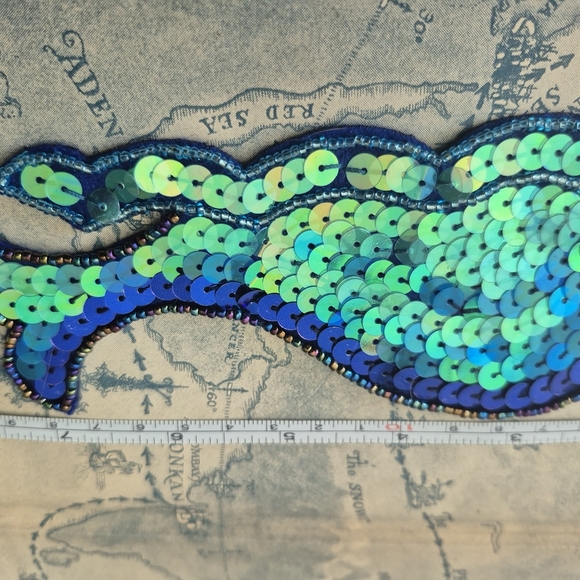 Hand Emnroiderd Fish Sequence Vibrant  Blue and Green Applique  Patch - Picture 2 of 8